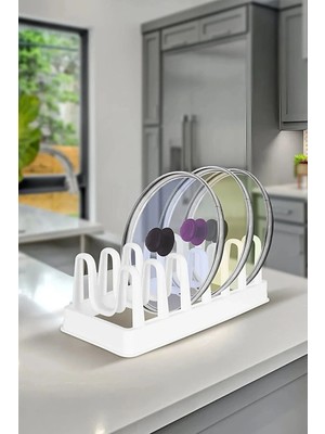 Mediterian Beyaz 6 bölmeli tencere kapağı düzenleyici, dolap içi organize ve pratik çözüm