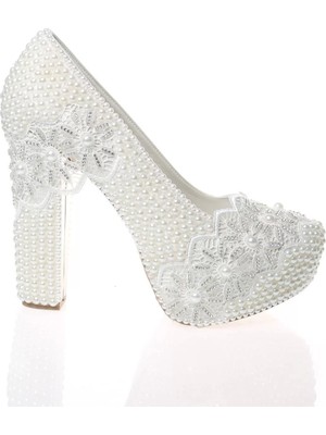 Kadın Moda Beyaz Sedef Inci Taş Işlemeli Gelin Ayakkabı Topuklu Düğün Nişan Gece Abiye Ayakkabı