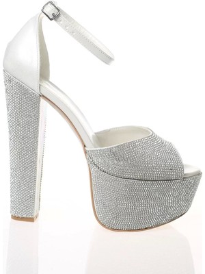 Kadın Moda Şık Sedef Cilt Full Taş Topuklu Zarif Tasarım Düğün Nişan Gece Abiye Ayakkabı