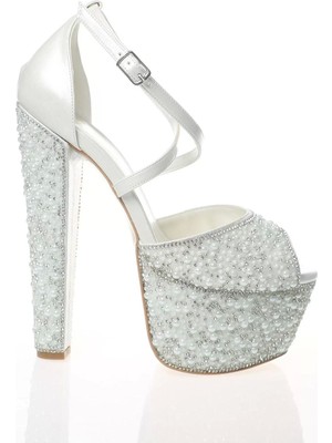 PayBuy Kadın Moda Şık Sedef Cilt Full Inci Taş Topuklu Zarif Tasarım Düğün Nişan Gece Abiye Ayakkabı