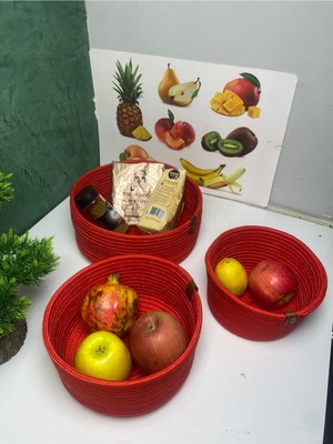 Mediterian El Dokuma 3'lü Kırmızı Jüt Hasır Sepet Takımı, Çok Amaçlı Organizer
