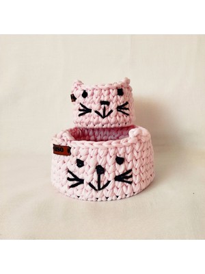 Mediterian Pembe Kedi Figürlü Çocuk ve Bebek Odası Düzenleyici Sepet, Kumaş, Küçük Boy