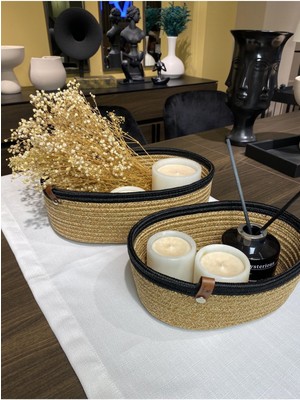 Mediterian İki adet hasır görünümlü jüt dekoratif sepet, orta boy, siyah renk