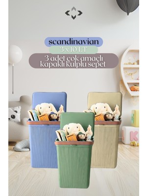 Mediterian 3'lü Renkli 10 lt Kapaklı Kulplu Plastik Sepet Seti