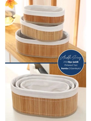 Mediterian Elips Şekilli Bambu Çok Amaçlı Düzenleyici 3'lü Set Bej