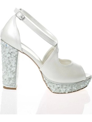 Kadın Moda Şık Sedef Cilt Ökçe Poli Inci Taş Topuklu Düğün Nişan Gece Abiye Ayakkabı