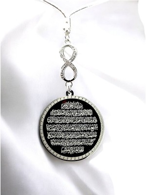 Parlak Taşlı Gümüş Renk Çelik Çift Taraflı Ayetel Kürsi/ Nazar Ayeti Araba Dikiz Ayna Süsü