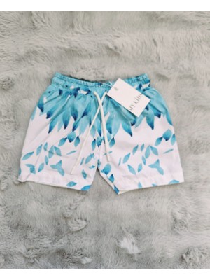 Turkuaz Yaprak Desenli  Paraşüt Kumaş Su Tutmayan Erkek Bebek ve Çocuk Deniz Şortu