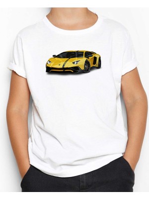 Lamborghni Aventador Yellow Beyaz Çocuk Tişört
