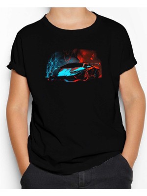 Lamborghni Blue Red Neon Siyah Çocuk Tişört