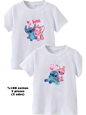 2li Kaliteli Pamuk Penye Kız Çocuk Baskılı Tshirt Tişört 5 6 7 8 9 10 11 12 13 14 Yaş Lilo Kuromi Hello