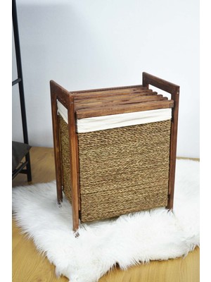 Mediterian Kahverengi ahşap puf ve sepet, şık ve kullanışlı tasarım, 40 L hacim
