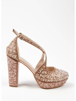 Paybuy Kadın Moda Şık Gold Full Inci Taş Yüksek Topuk Düğün Nişan Gece Abiye Ayakkabı