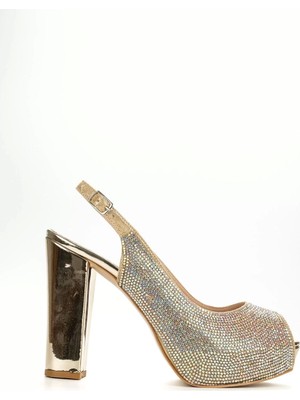 Paybuy Kadın Moda Şık Gold Ayna Full Taş Yüksek Topuk Düğün Nişan Gece Abiye Ayakkabı