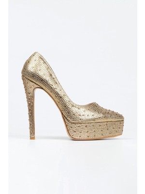 Paybuy Kadın Moda Gold Sultan Taşlı Klasik Sivri Ince Topuklu Platformlu Düğün Nişan Gece Abiye Ayakkabı