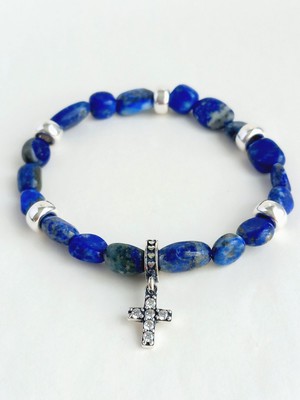 18 Ayar Altın Kaplama Lapis Lazuli Doğal Taşlı Haç Tasarım Gümüş Kadın Bileklik