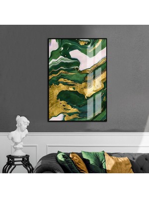 Harikabirev|yeşil-Gold-Beyaz Soyut Desenli Model 2 |çerçeveli Temperli Cam Tablo Tekli Dikey