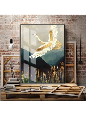 Harikabirev Altın Sarısı Kuş Seti Soyut Orta Çerçeveli Temperli Cam Tablo Tekli Dikey