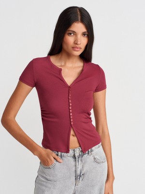 31838 Düğmeli Kısa Kollu Top-Açık Bordo