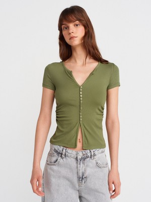 31838 Düğmeli Kısa Kollu Top-Açık Haki