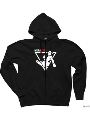 Muaythai Siyah Fermuarlı Kapşonlu Sweatshirt