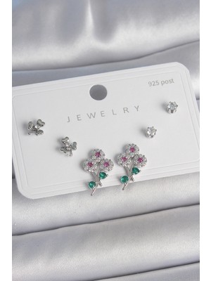 Pirinç Gümüş Renk Renkli Zirkon Taşlı Çiçek Model Yaprak Detay 925 Ayar Gümüş Çivi Kadın Küpe Seti SL11426