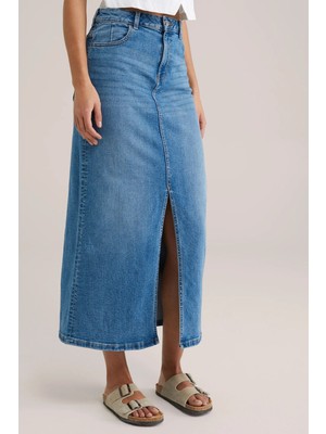Açık Mavi Kadın Regular Fit Yüksek Bel Uzun Maxi Boy Denim Kot Etek MERRY-4092