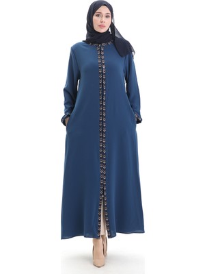 Büyük Beden Petek Kumaş Fermuarlı Ferace 6183-02 Indigo
