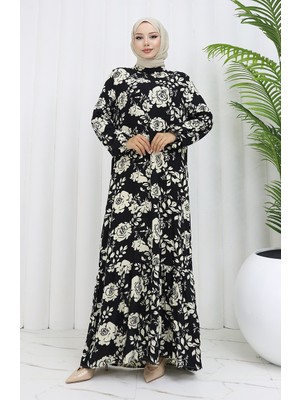 Sefa Merve Viskon Kumaş Kolu Lastikli Desenli Elbise 2037-01 Siyah