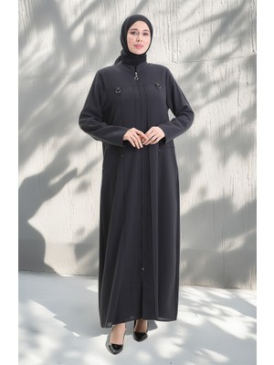 Sefa Merve Büyük Beden Metal Boncuk Fermuarlı Ferace 6148-06 Gri