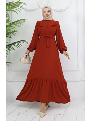 Sefa Merve Aerobin Kumaş Fırfır Detaylı Elbise 0023-06 Kiremit