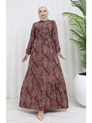 Viskon Kumaş Desenli Elbise 4074-04 Bordo