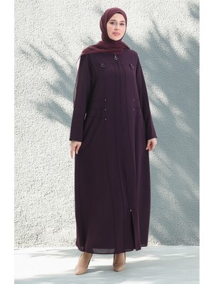 Sefa Merve Büyük Beden Metal Boncuk Fermuarlı Ferace 6148-03 Mürdüm