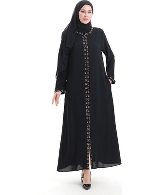 Büyük Beden Petek Kumaş Fermuarlı Ferace 6183-07 Siyah