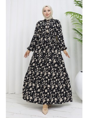 Sefa Merve Viskon Kumaş Yarım Düğmeli Desenli Elbise 0053-04 Siyah