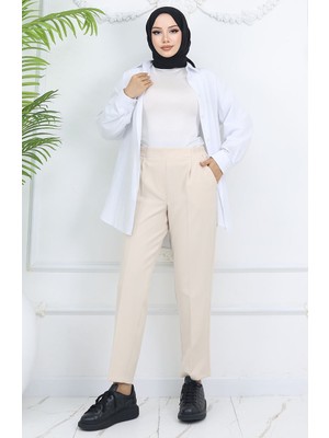 Beli Lastikli Havuç Pantolon 4002-04 Bej