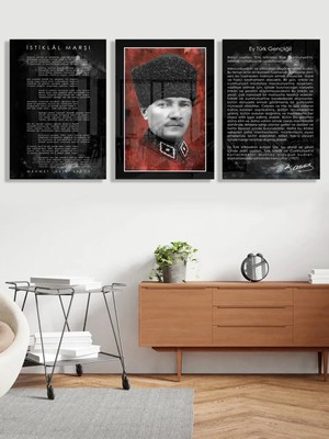 Taulart 3 Lü Atatürk Köşesi Istiklal Marşı, Atatürk, Gençliğe Hitabe Set Tablo Tasarımı Kırılmaz Cam Tablo