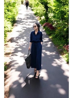 Beli Bağcık Detaylı Gömlek Yaka Keten Elbise