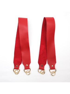 Kırmızı Deri Çanta Sapı Çifti Gold Renk Yaylı Halkalı