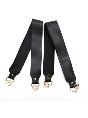 Siyah Deri Çanta Sapı Çifti Gold Renk Yaylı Halkalı