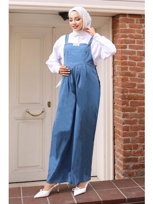 Moda Mihram Açık Mavi Kanguru Cepli Hamile Tulum 44 Beden Yeni Sezon Kot Kumaş ile Rahat Kullanım