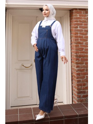 Moda Mihram Koyu Mavi Kanguru Cepli Kadın Hamile Tulum Yeni Sezon Kot Kumaş ile Şık Tasarım