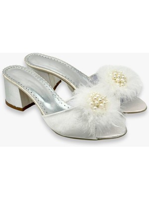 Lunoche Nightwear Kadın Tüylü Ve Taşlı  Şık Günlük Ev Terliği Çeyiz Terliği Süslü Doğum Misafir Gelin Terliği