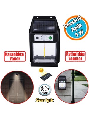 Sensörlü Güneş Enerjili Dış Aydınlatma Yeni Nesil Ampül Sarı Işıklı Aplik 5 W Portatif Fener Lamba