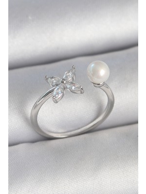 Pirinç Gümüş Renk Zirkon Taşlı Çiçek Model Inci Detay Ayarlanabilir Kadın Yüzük SL11503