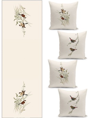 Filamente Özel Tasarım Dörtlü Kırlent Kılıfı ve Runer Set - Kuş Desenli