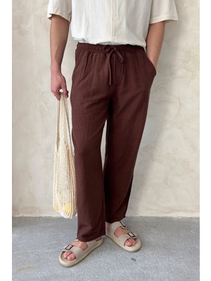 Erkek Beli Lastikli Baggy Kalıp Keten Pantolon
