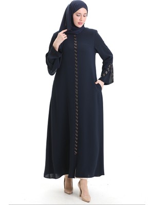 Sefa Merve Büyük Beden Şeritli Ferace 2038-02 Lacivert