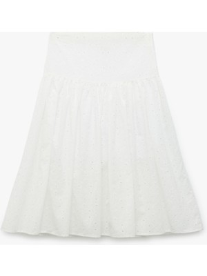 Koton Pamuklu Yüksek Bel Brodeli Midi Etek