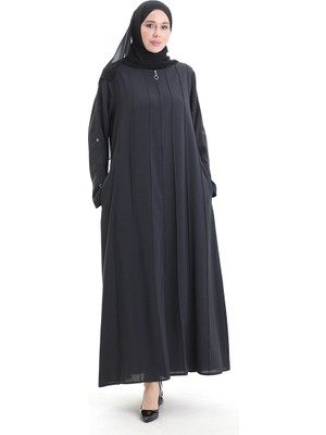 Büyük Beden Dikiş Parçalı Fermuarlı Ferace 6177-06 Gri